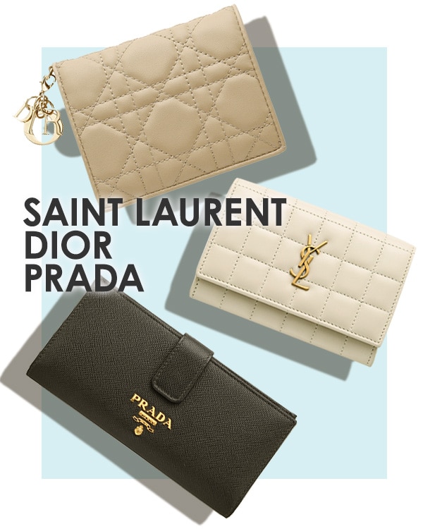 上から、ディオール レディ ディオール ガーデニア ウォレット/サンローラン (YSL) カサンドラ フラップ ウォレット/プラダ サフィアーノレザー マルチカラー ウォレット