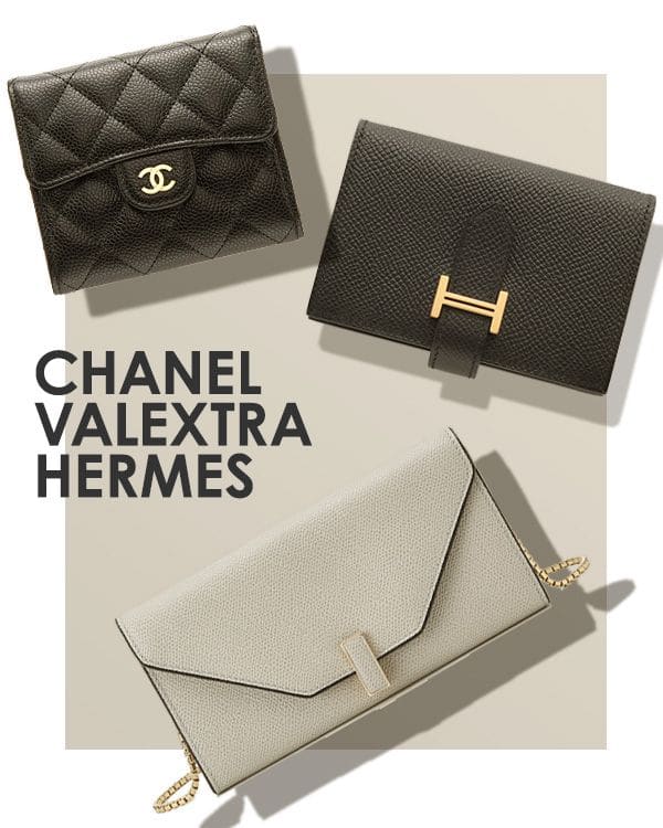 上から、シャネル クラシック スモール フラップ ウォレット/エルメス ベアンミニ ノワール/ヴァレクストラ イジィデ チェーン ウォレット