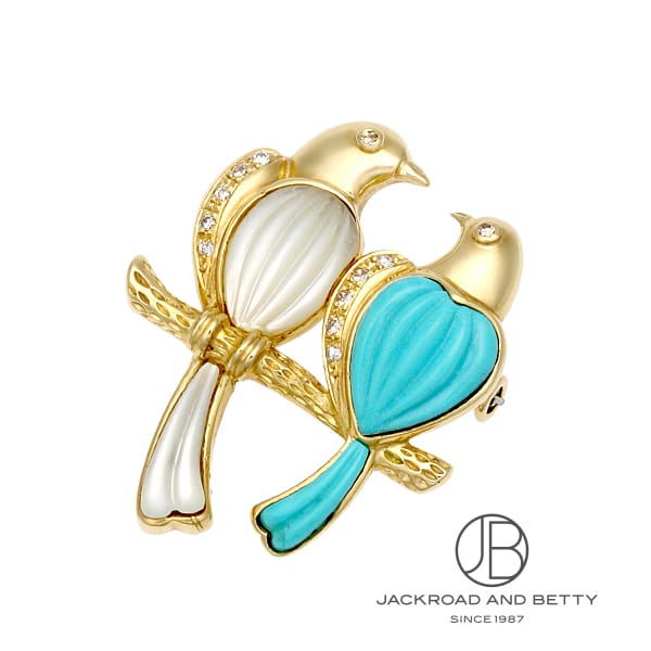 鳥モチーフ トルコ石 シェル ダイヤ ブローチ[] Birds Motif Turquoise Shell Diamond Brooch  ノーブランド 中古 ジュエリー